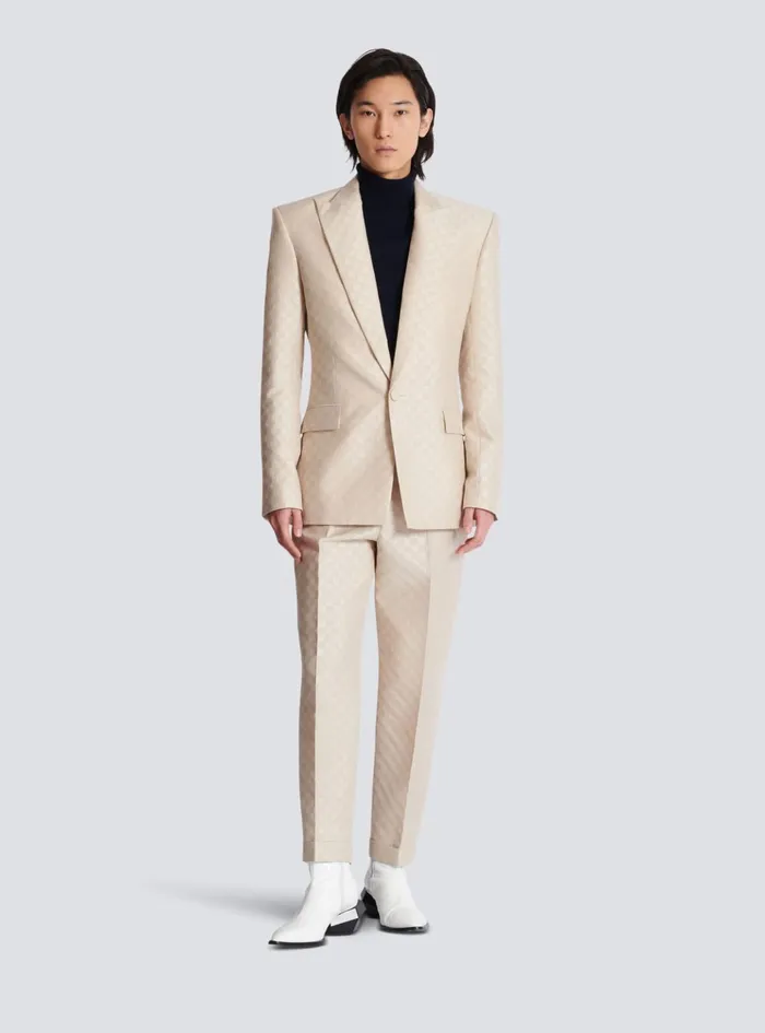 1button Jacket In PB Labyrinth Jacquard Beige Men Balmain Jackets And Blazers