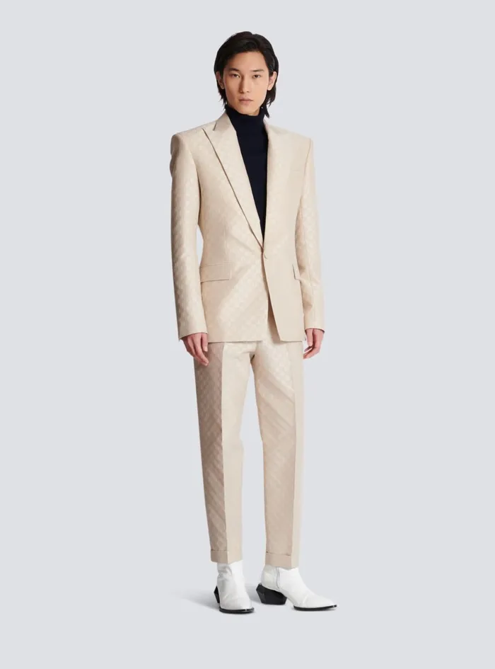 1button Jacket In PB Labyrinth Jacquard Beige Men Balmain Jackets And Blazers