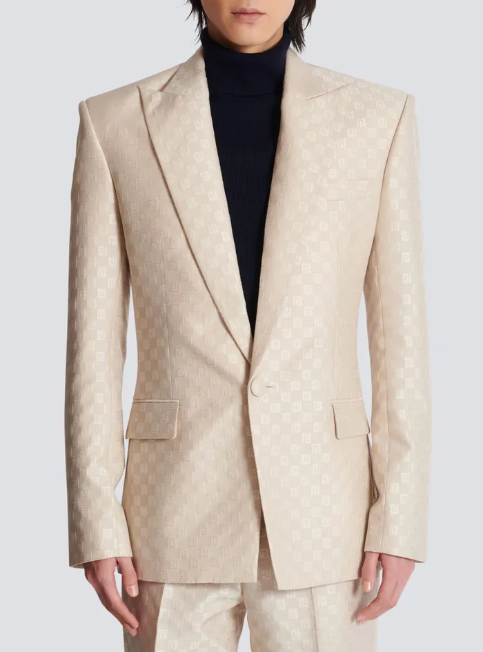 1button Jacket In PB Labyrinth Jacquard Beige Men Balmain Jackets And Blazers