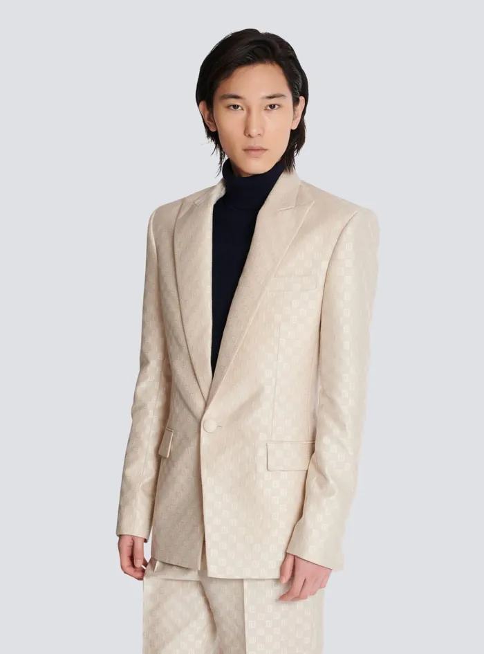 1button Jacket In PB Labyrinth Jacquard Beige Men Balmain Jackets And Blazers