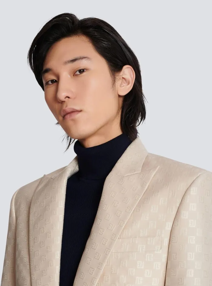 1button Jacket In PB Labyrinth Jacquard Beige Men Balmain Jackets And Blazers