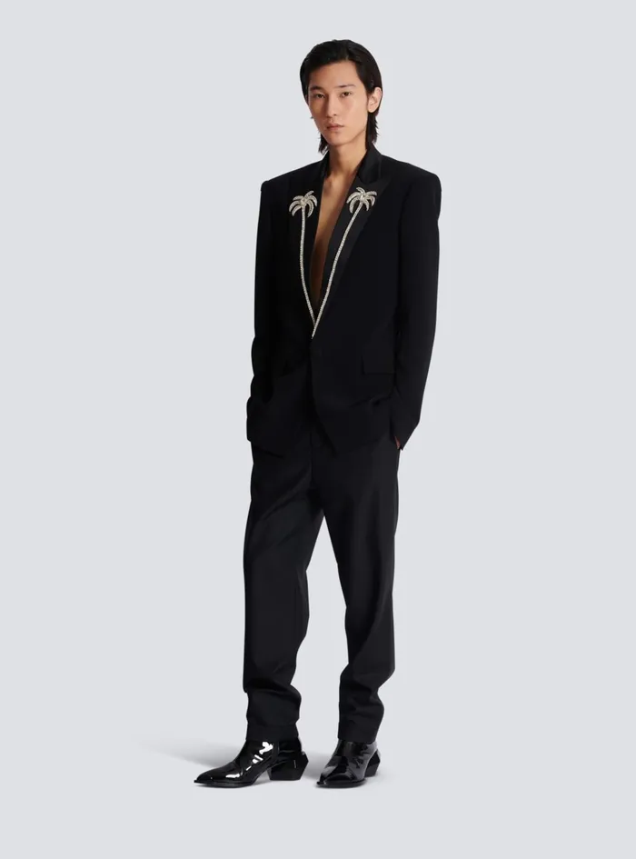 1button Jacket With Embroidered Palm Tree Collar Black Men Balmain Jackets And Blazers