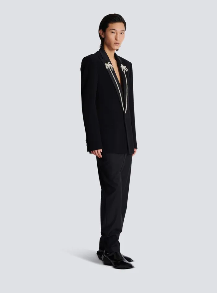 1button Jacket With Embroidered Palm Tree Collar Black Men Balmain Jackets And Blazers