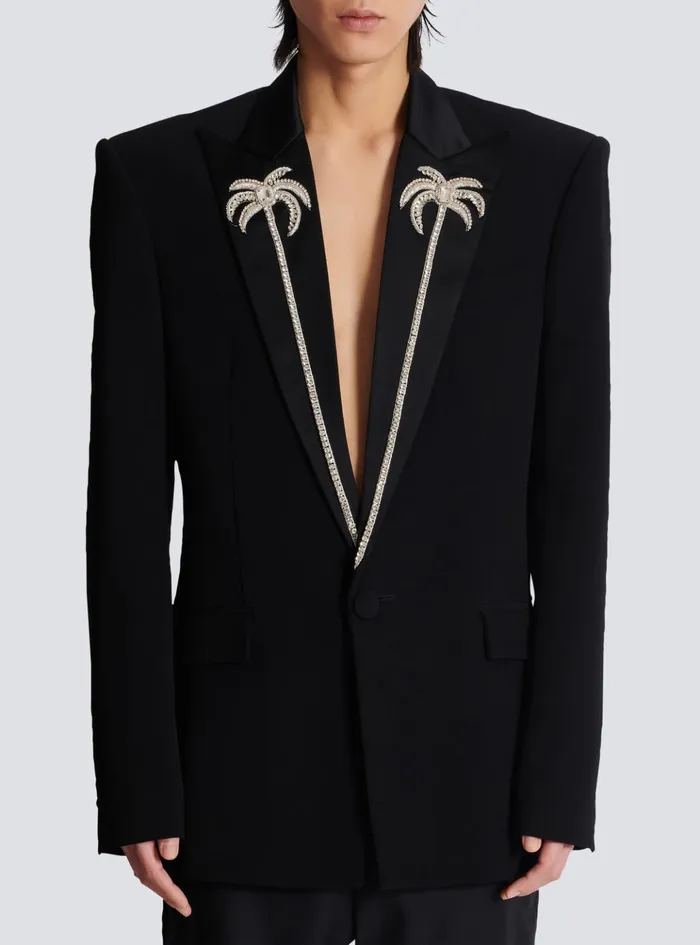 1button Jacket With Embroidered Palm Tree Collar Black Men Balmain Jackets And Blazers