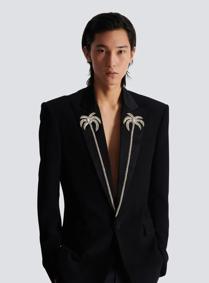 1button Jacket With Embroidered Palm Tree Collar Black Men Balmain Jackets And Blazers