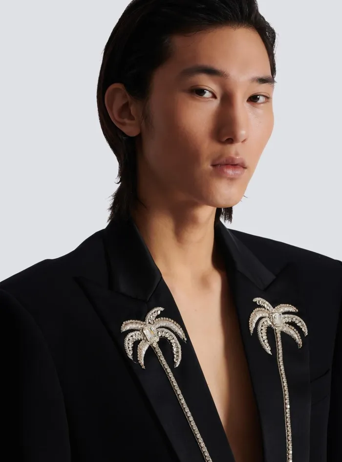 1button Jacket With Embroidered Palm Tree Collar Black Men Balmain Jackets And Blazers