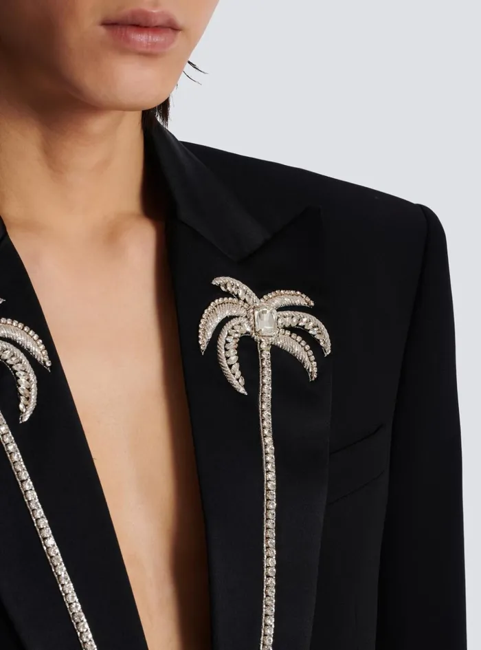 1button Jacket With Embroidered Palm Tree Collar Black Men Balmain Jackets And Blazers