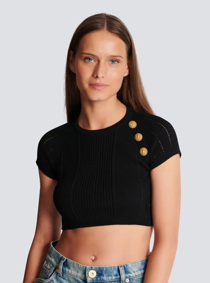 3button Fine Knit Top Black Women Balmain Tops And Shirts