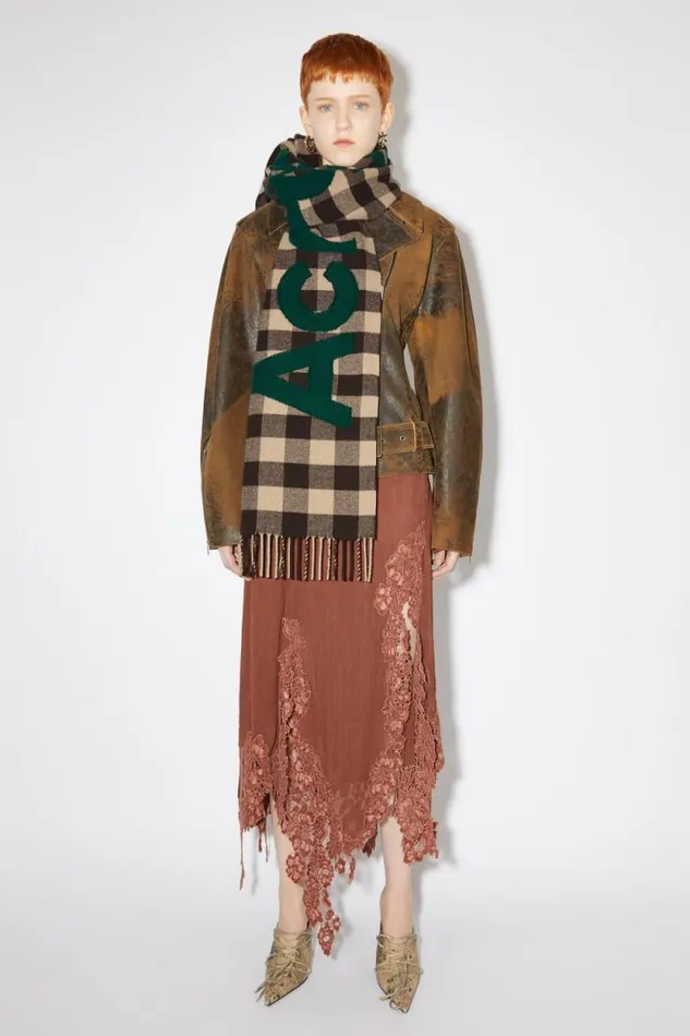 Acne Studios Check Logo Scarf Browngreen Women Scarves Acne Studios Check Logo Scarf Browngreen Women Scarves
