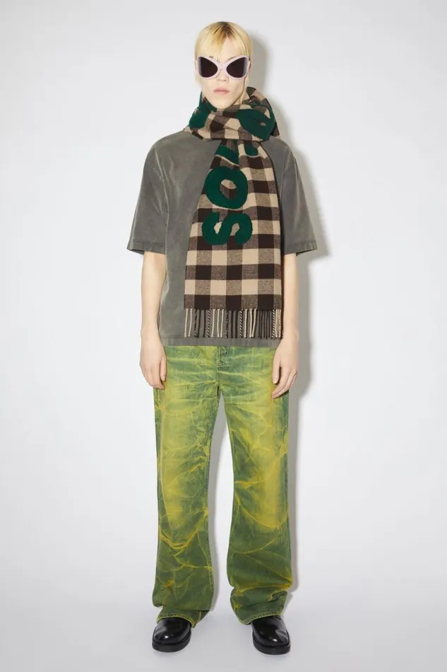 Acne Studios Check Logo Scarf Browngreen Women Scarves Acne Studios Check Logo Scarf Browngreen Women Scarves