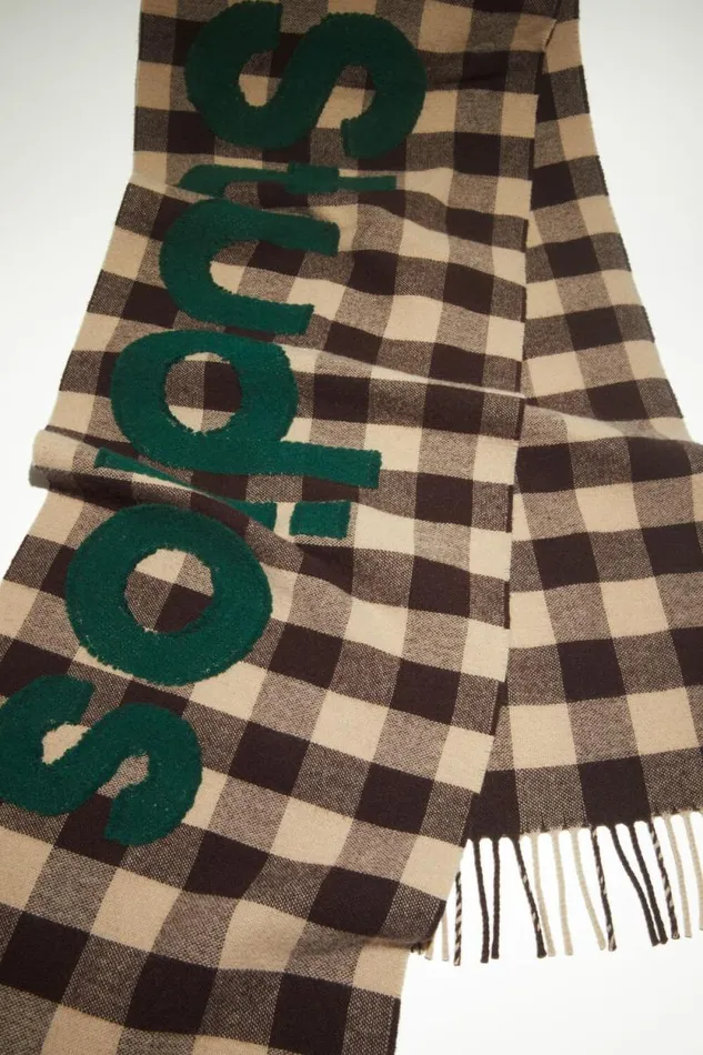 Acne Studios Check Logo Scarf Browngreen Women Scarves Acne Studios Check Logo Scarf Browngreen Women Scarves