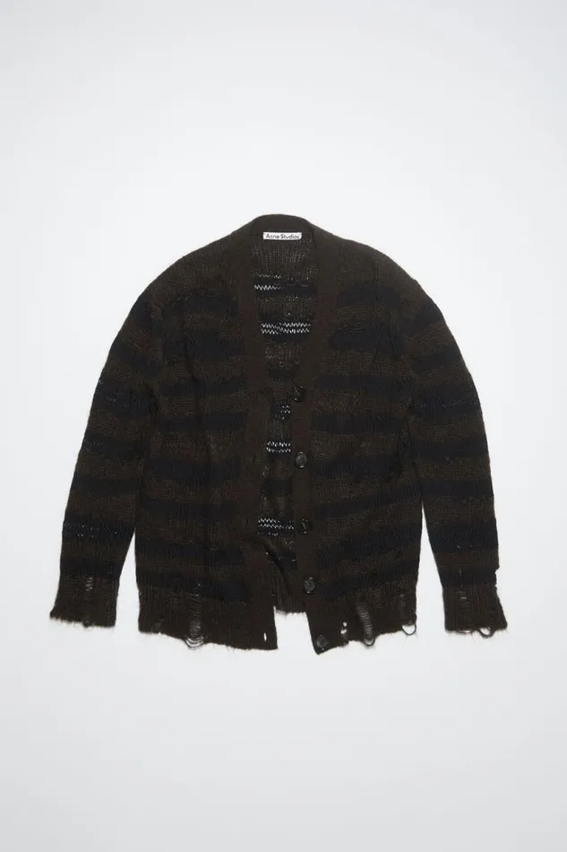 Acne Studios Distressed Stripe Cardigan Warm Charcoal Greyblack Women Knitwear