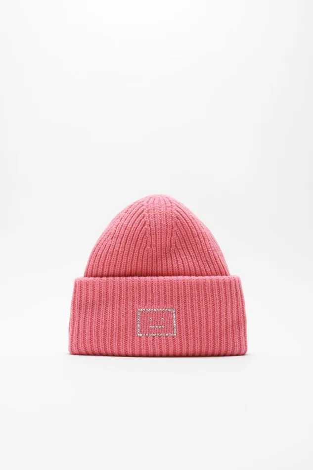 Acne Studios Embellished Face Logo Beanie Tango Pink Women Face Collection