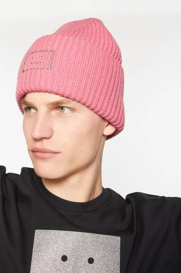 Acne Studios Embellished Face Logo Beanie Tango Pink Women Face Collection