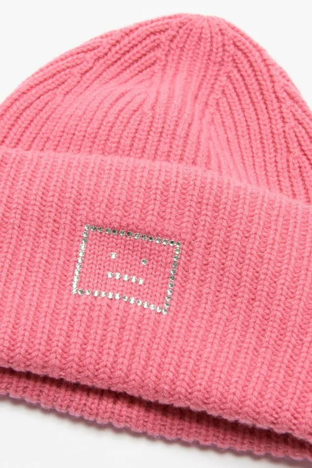 Acne Studios Embellished Face Logo Beanie Tango Pink Women Face Collection