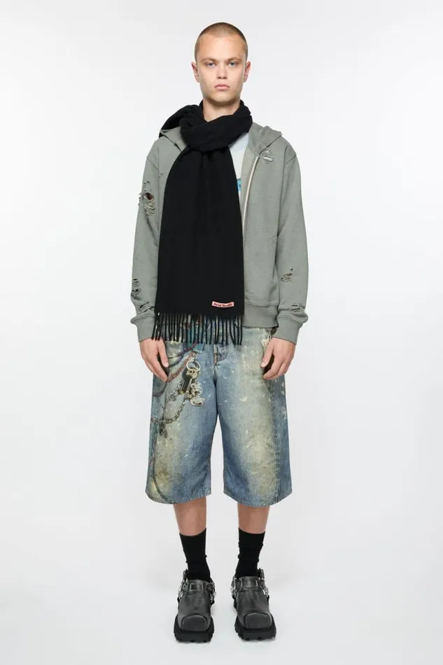 Acne Studios Fringe Wool Scarf 8211 Skinny Black Men Scarves
