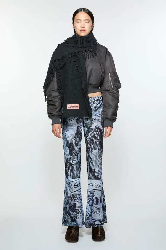 Acne Studios Fringe Wool Scarf Black Melange Women Scarves