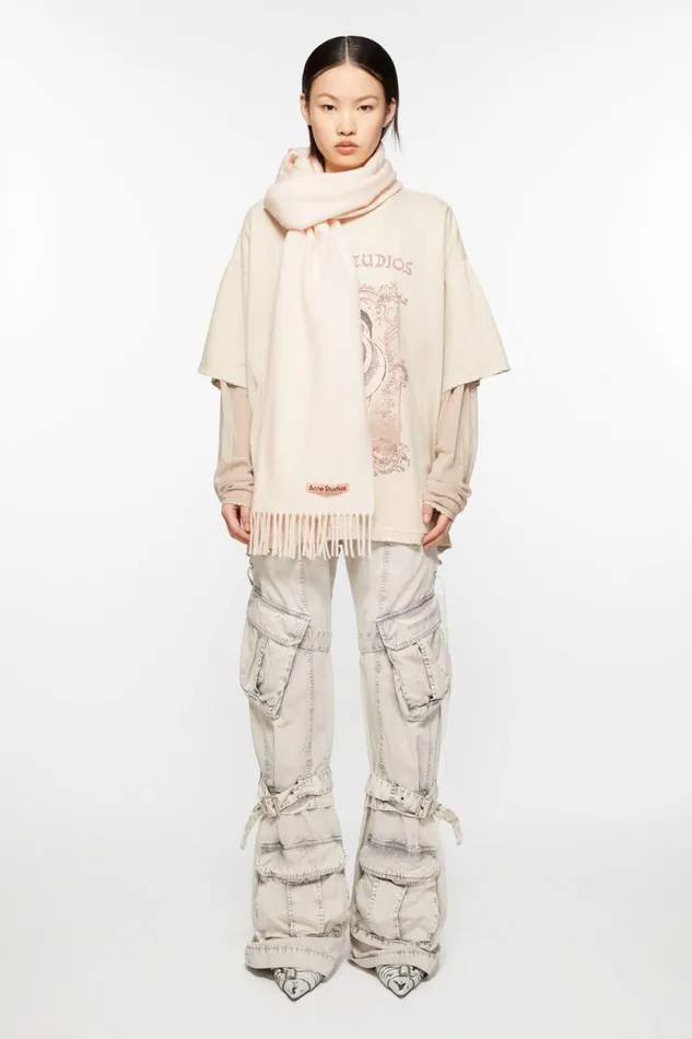 Acne Studios Fringe Wool Scarf Narrow Warm White Women Scarves