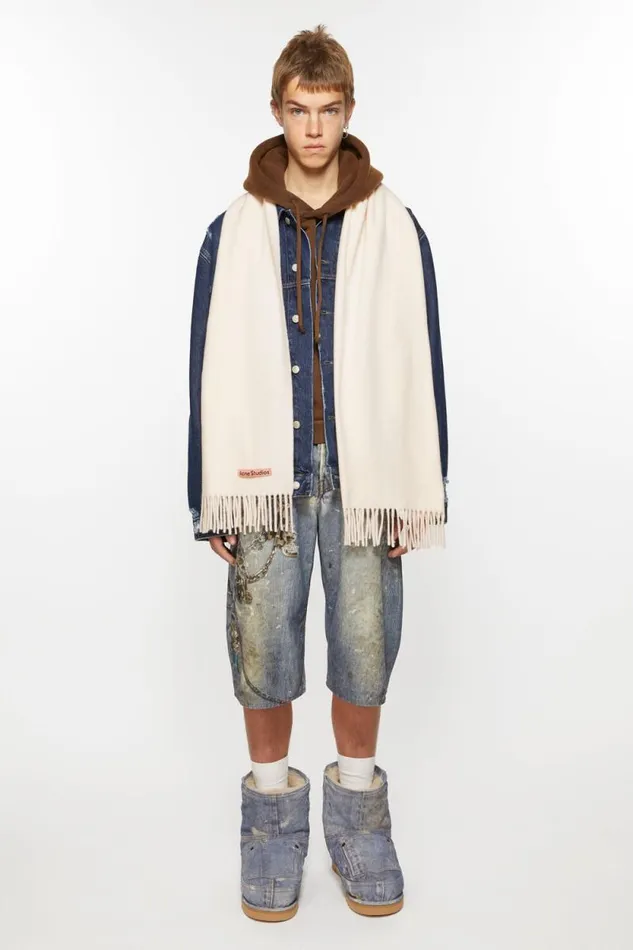 Acne Studios Fringe Wool Scarf Narrow Warm White Women Scarves