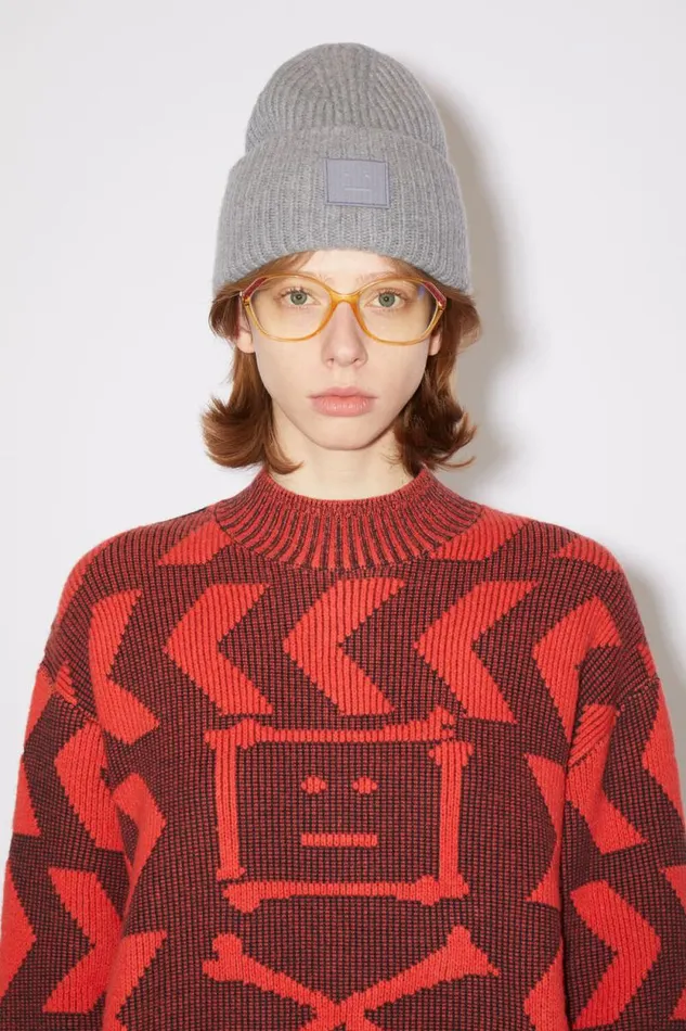 Acne Studios Large Face Logo Beanie Grey Melange Men Hats