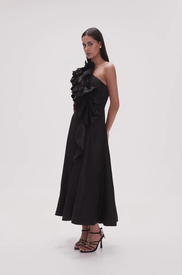 Adelia Ruffle Midi Dress Black Women Aje Black Dresses