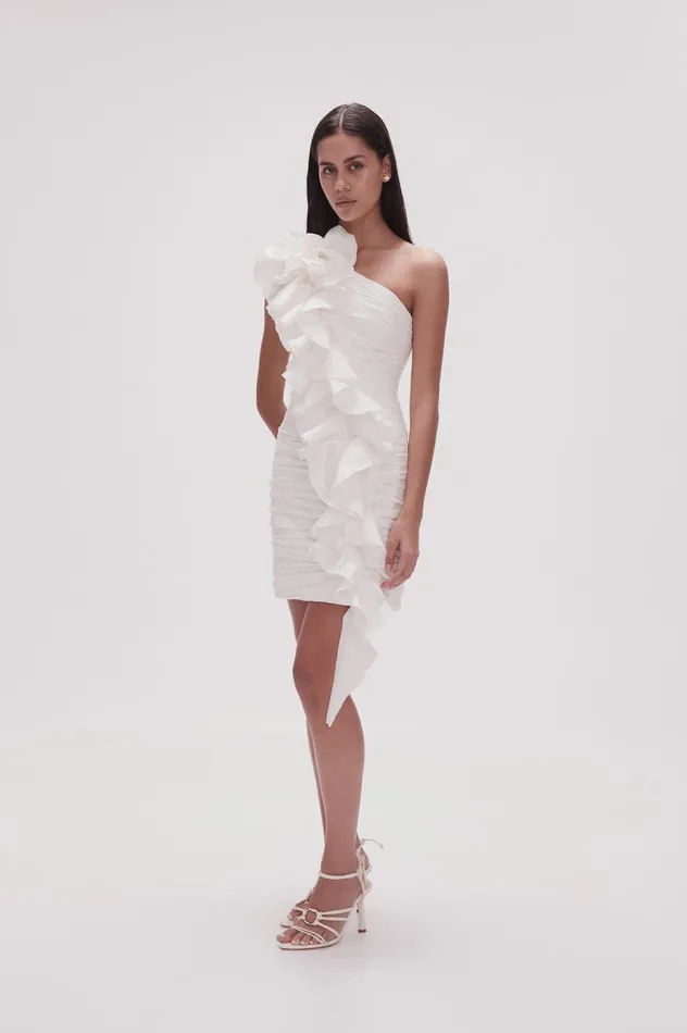 Adelia Ruffle Mini Dress Ivory Women Aje White Dresses