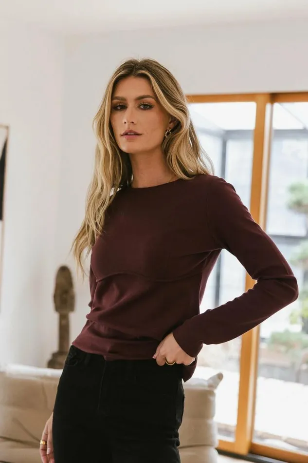 Alexa Long Sleeve Top In Wine Wine Women Bohme Tees and Tanks
