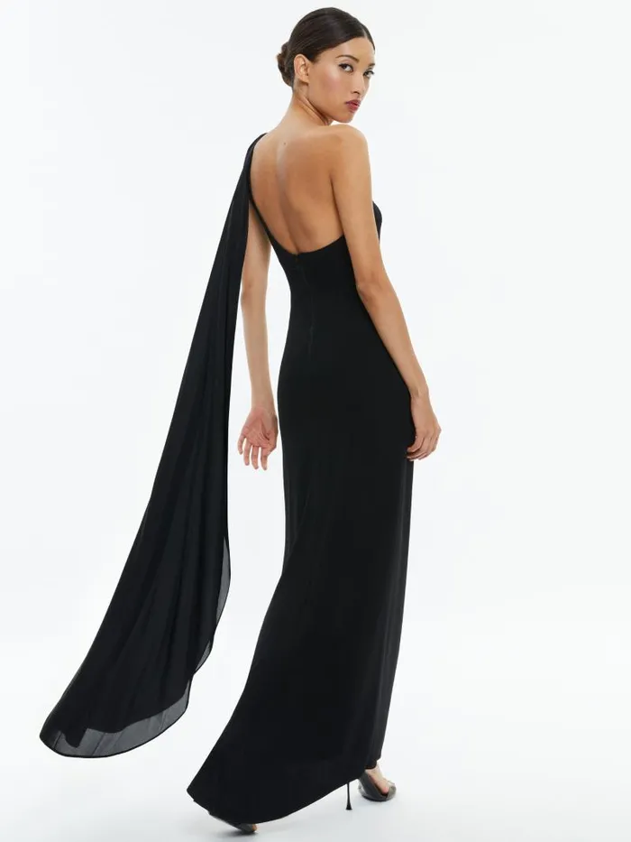Alice Olivia ANJA ONE SHOULDER DRAPED MAXI DRESS Black Women Dresses