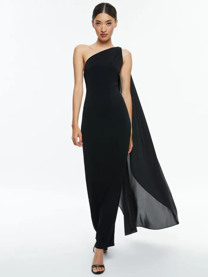 Alice Olivia ANJA ONE SHOULDER DRAPED MAXI DRESS Black Women Dresses