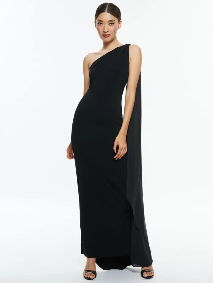 Alice Olivia ANJA ONE SHOULDER DRAPED MAXI DRESS Black Women Dresses