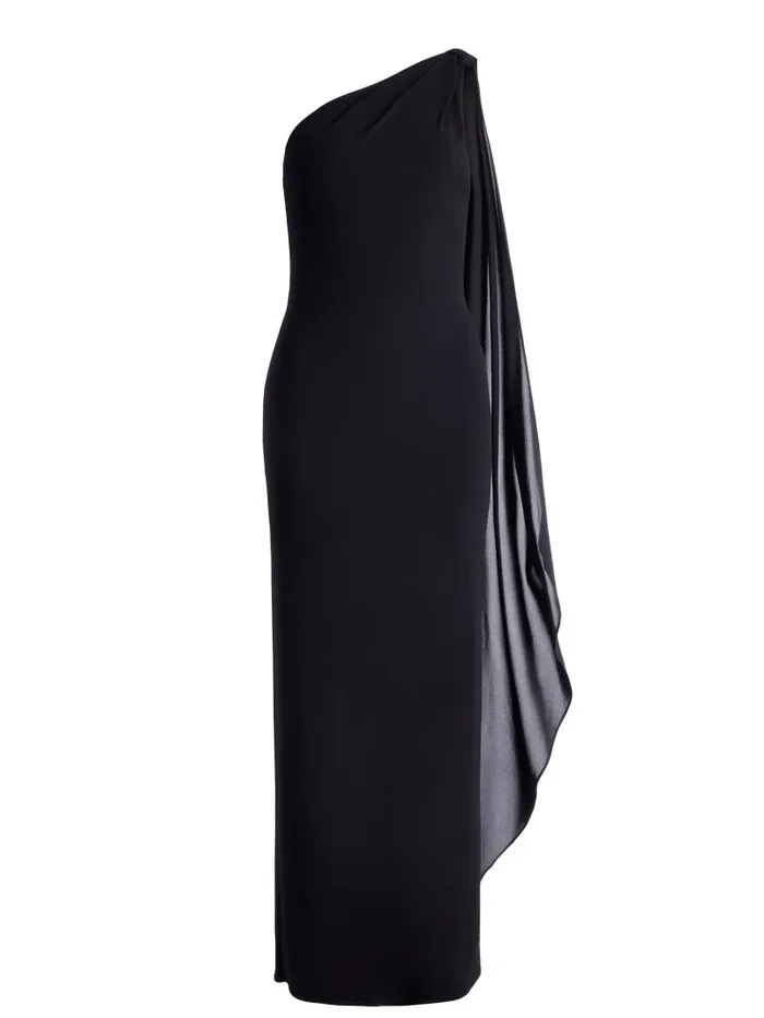 Alice Olivia ANJA ONE SHOULDER DRAPED MAXI DRESS Black Women Dresses