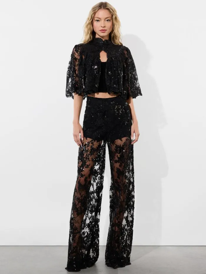 Alice Olivia AURELIA LACE EMBELLISHED MINI CAPELET Black Women Jackets Coats