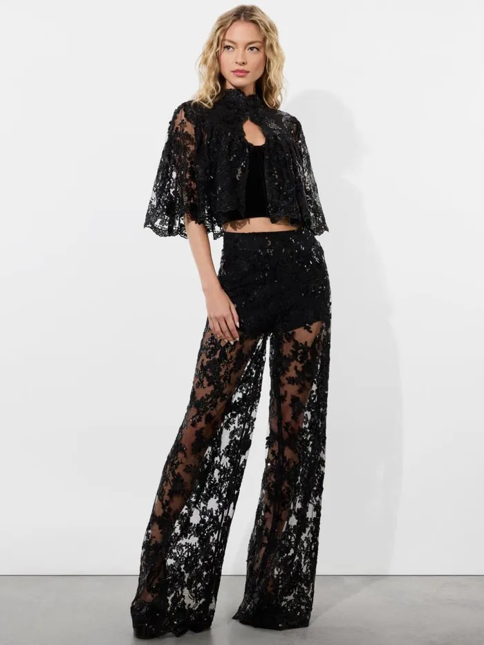 Alice Olivia AURELIA LACE EMBELLISHED MINI CAPELET Black Women Jackets Coats