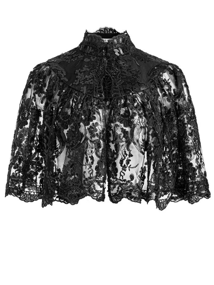 Alice Olivia AURELIA LACE EMBELLISHED MINI CAPELET Black Women Jackets Coats