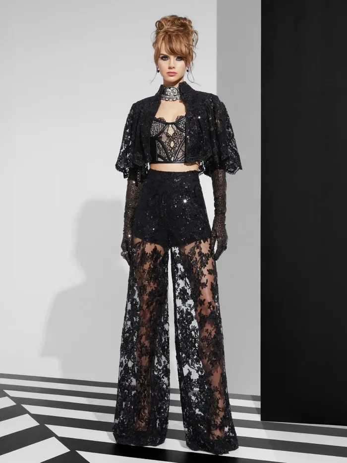 Alice Olivia AURELIA LACE EMBELLISHED MINI CAPELET Black Women Jackets Coats
