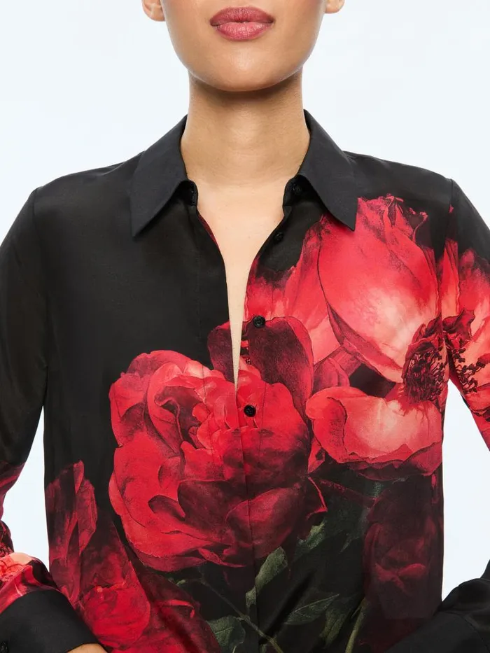 Alice Olivia BRADY SLIM BUTTON DOWN Peony Petals Bright Ruby Women Tops