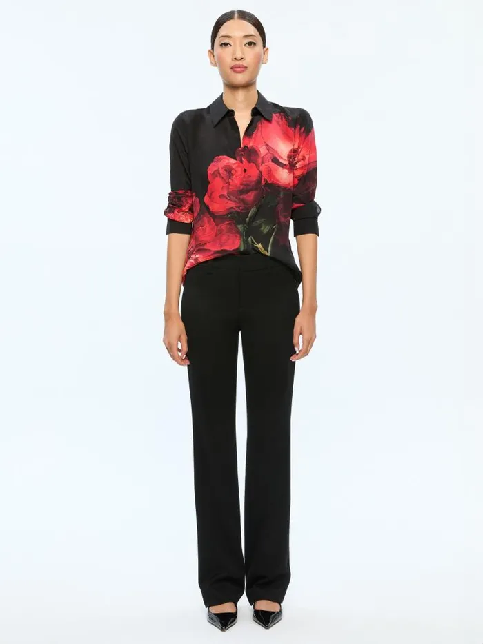 Alice Olivia BRADY SLIM BUTTON DOWN Peony Petals Bright Ruby Women Tops