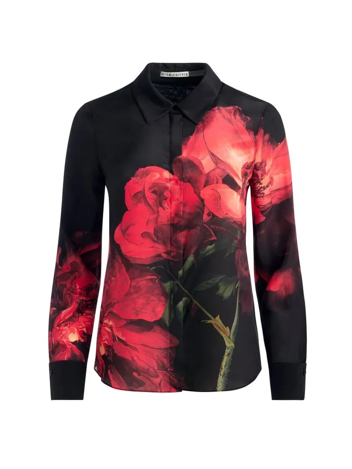 Alice Olivia BRADY SLIM BUTTON DOWN Peony Petals Bright Ruby Women Tops
