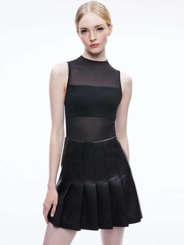Alice Olivia CHARA VEGAN LEATHER PLEATED MINI DRESS Black Women Dresses