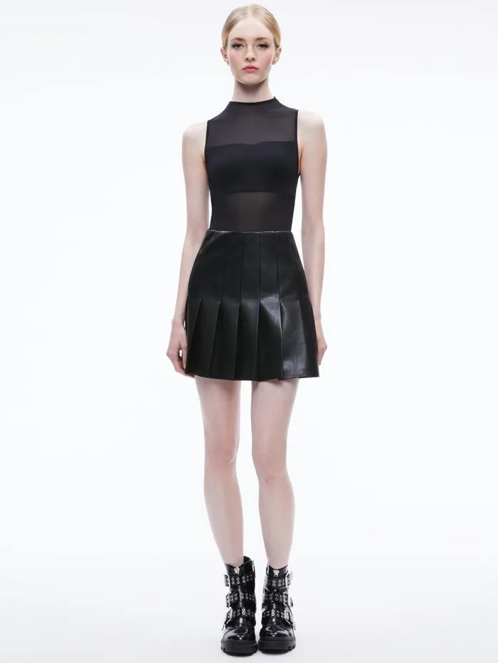 Alice Olivia CHARA VEGAN LEATHER PLEATED MINI DRESS Black Women Dresses