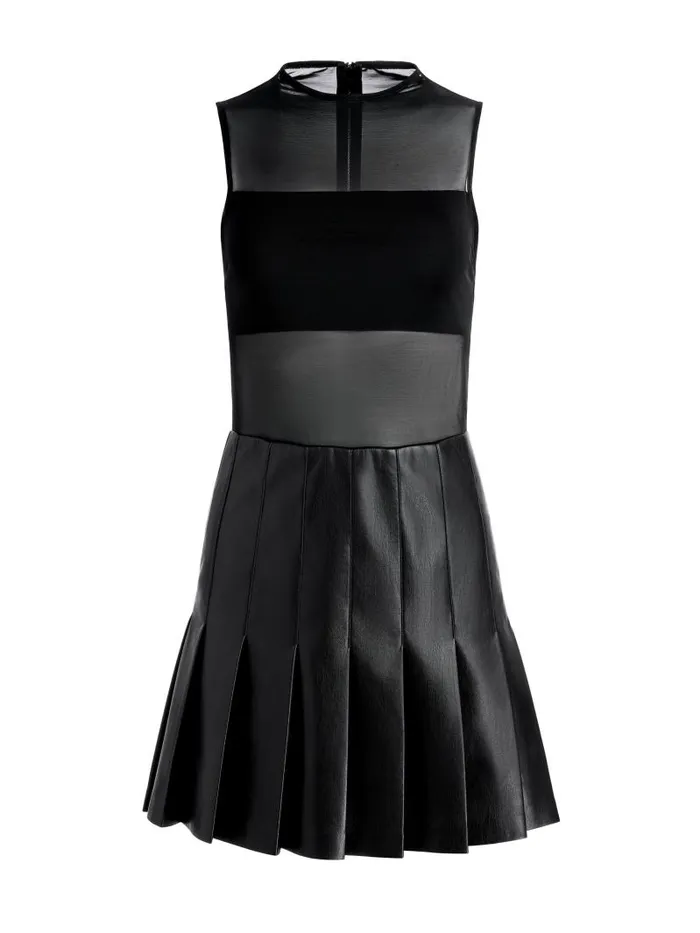Alice Olivia CHARA VEGAN LEATHER PLEATED MINI DRESS Black Women Dresses