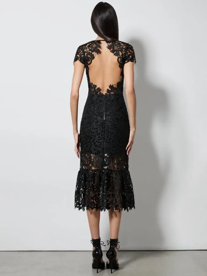 Alice Olivia CLOVER OPEN BACK LACE MIDI DRESS Black Women Dresses