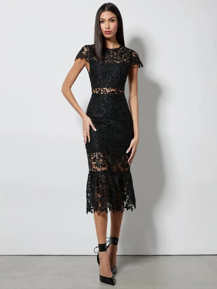 Alice Olivia CLOVER OPEN BACK LACE MIDI DRESS Black Women Dresses