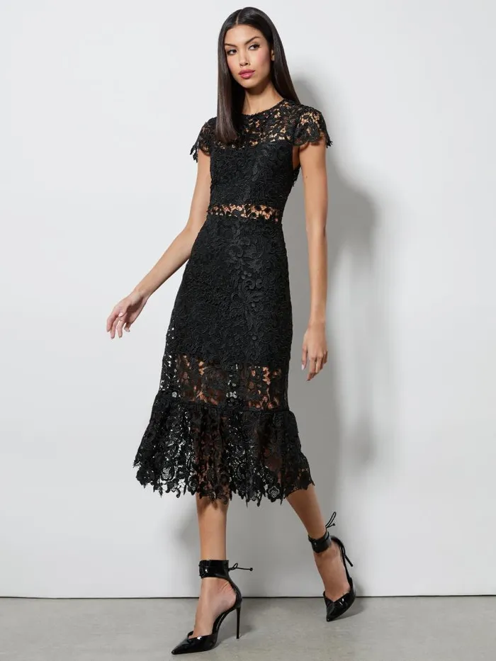 Alice Olivia CLOVER OPEN BACK LACE MIDI DRESS Black Women Dresses