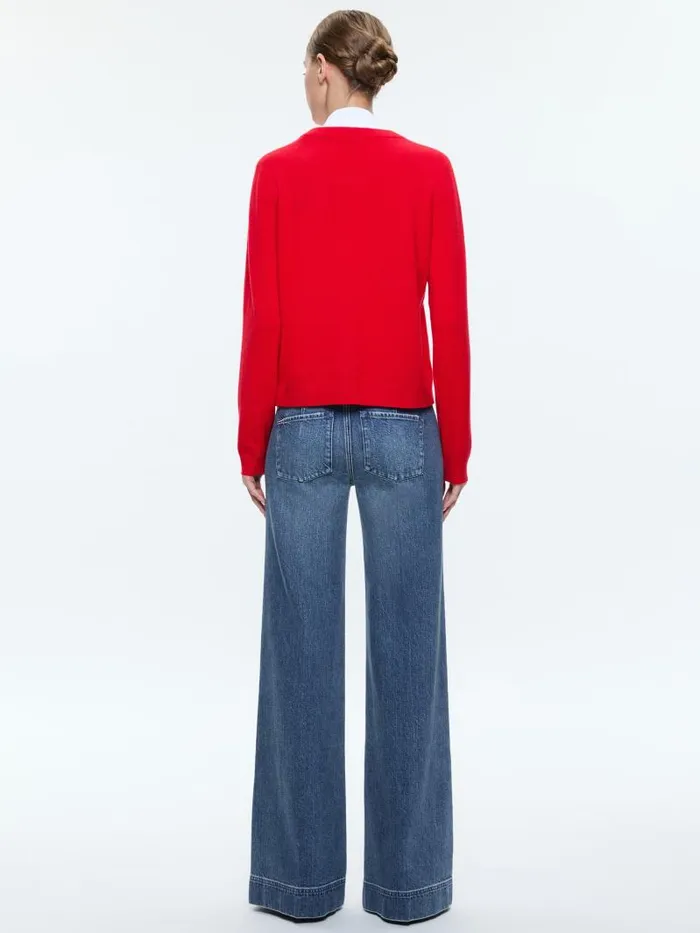 Alice Olivia DENBY WOVEN COLLAR V NECK PULLOVER Bright Rubywhite Women Sweaters