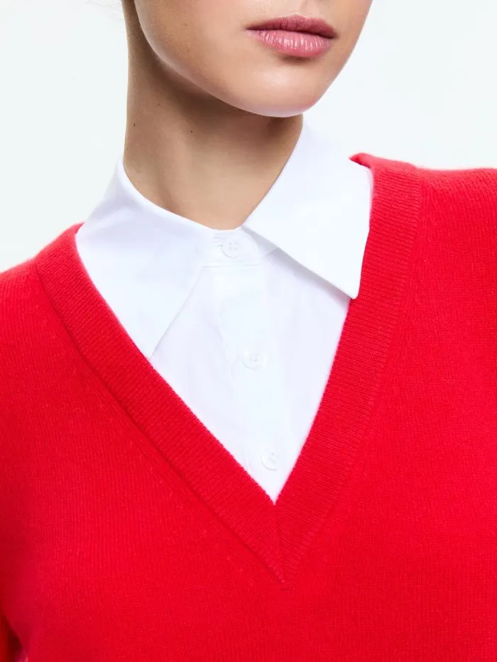 Alice Olivia DENBY WOVEN COLLAR V NECK PULLOVER Bright Rubywhite Women Sweaters