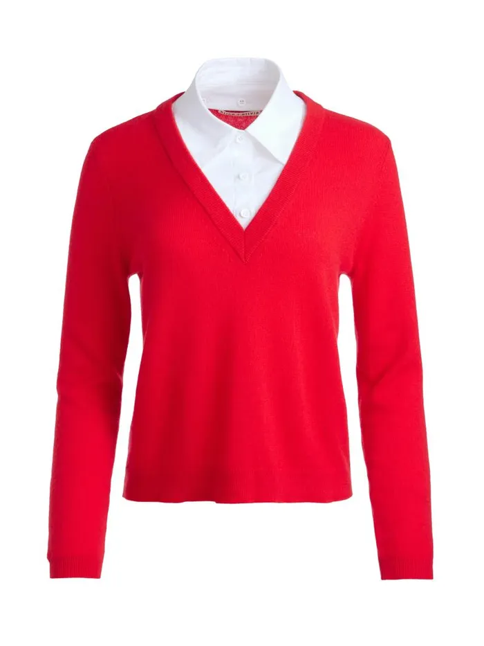 Alice Olivia DENBY WOVEN COLLAR V NECK PULLOVER Bright Rubywhite Women Sweaters