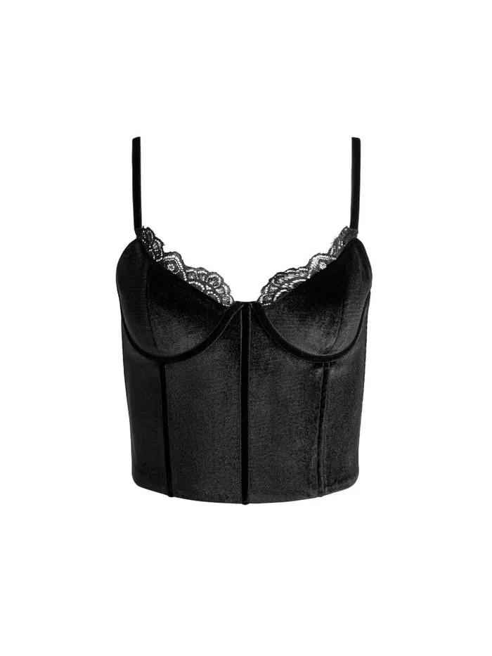 Alice Olivia DENNA VELVET CORSET CROPPED TOP Black Women Tops