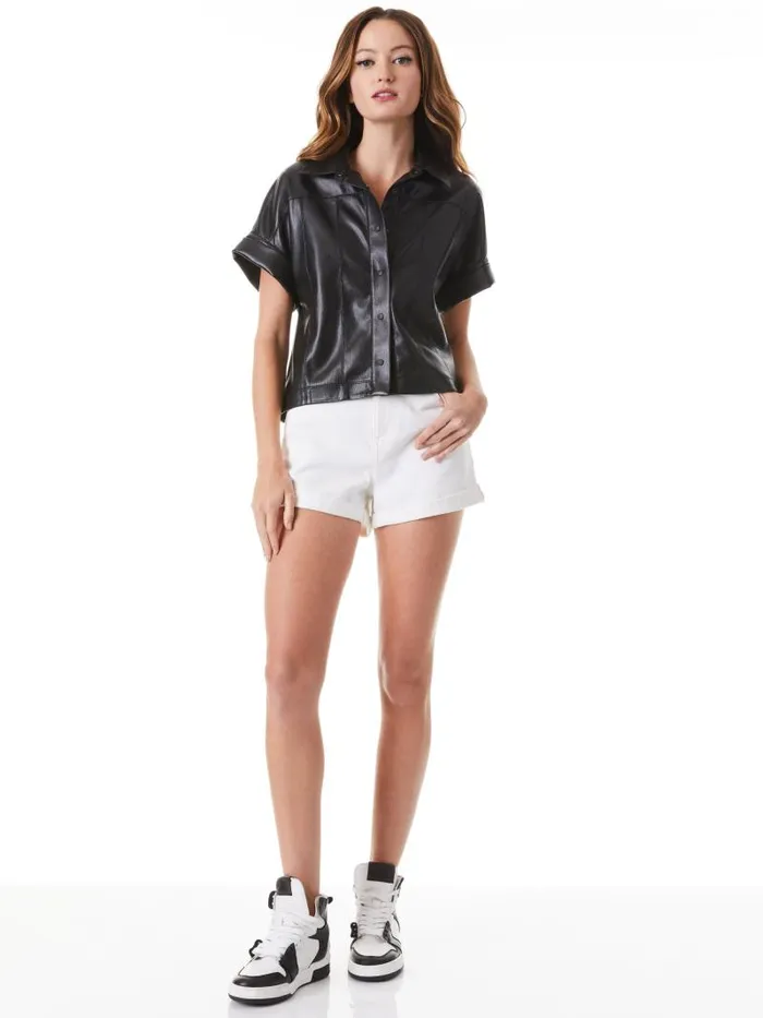 Alice Olivia EDYTH VEGAN LEATHER BUTTON DOWN Black Women Tops