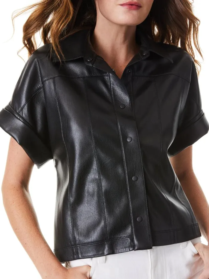 Alice Olivia EDYTH VEGAN LEATHER BUTTON DOWN Black Women Tops